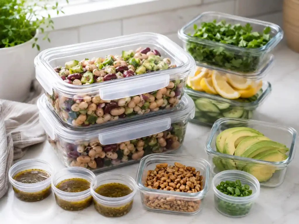 Dense bean salad stored in airtight containers with separate dressing cups, herbs, avocado, and crunchy toppings