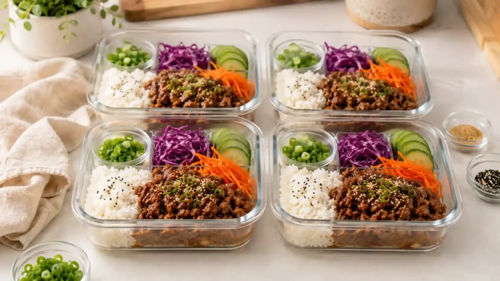 Meal prep containers with Korean-inspired ground beef, rice, cabbage, carrots, cucumber, green onions, and sesame seeds.