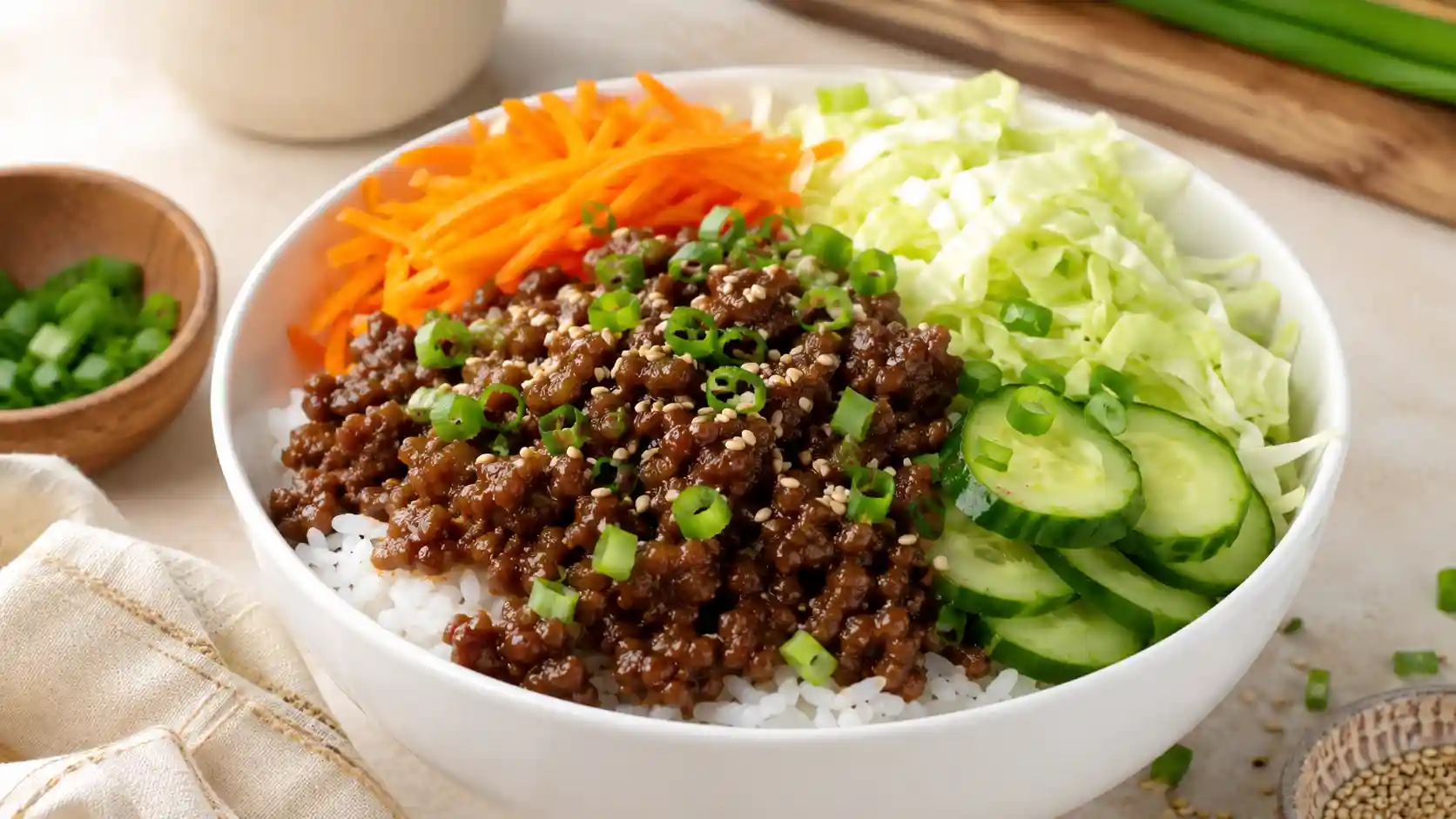 Korean ground beef rice bowl with rice, saucy ground beef, carrots, cabbage, cucumber, green onions, and sesame seeds.