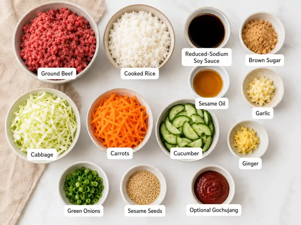 Ingredients for Korean ground beef rice bowl including ground beef, rice, soy sauce, brown sugar, sesame oil, garlic, ginger, cabbage, carrots, cucumber, green onions, and sesame seeds.