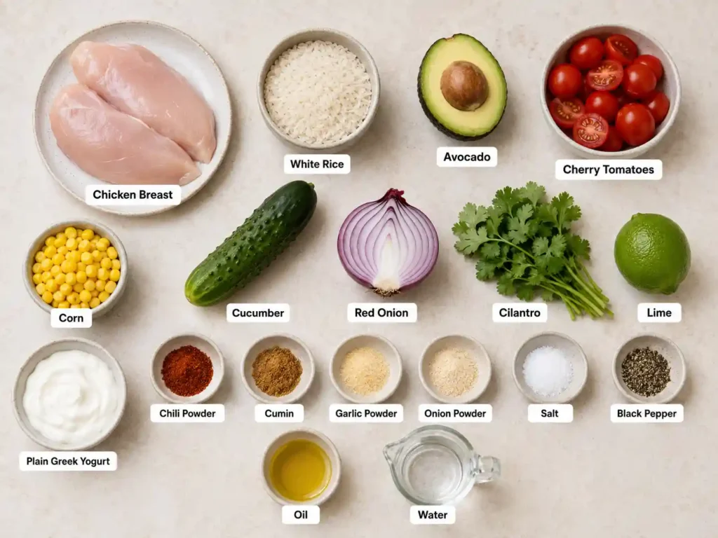 Labeled ingredients for chicken avocado rice bowl including chicken, rice, avocado, vegetables, lime, yogurt, and seasonings