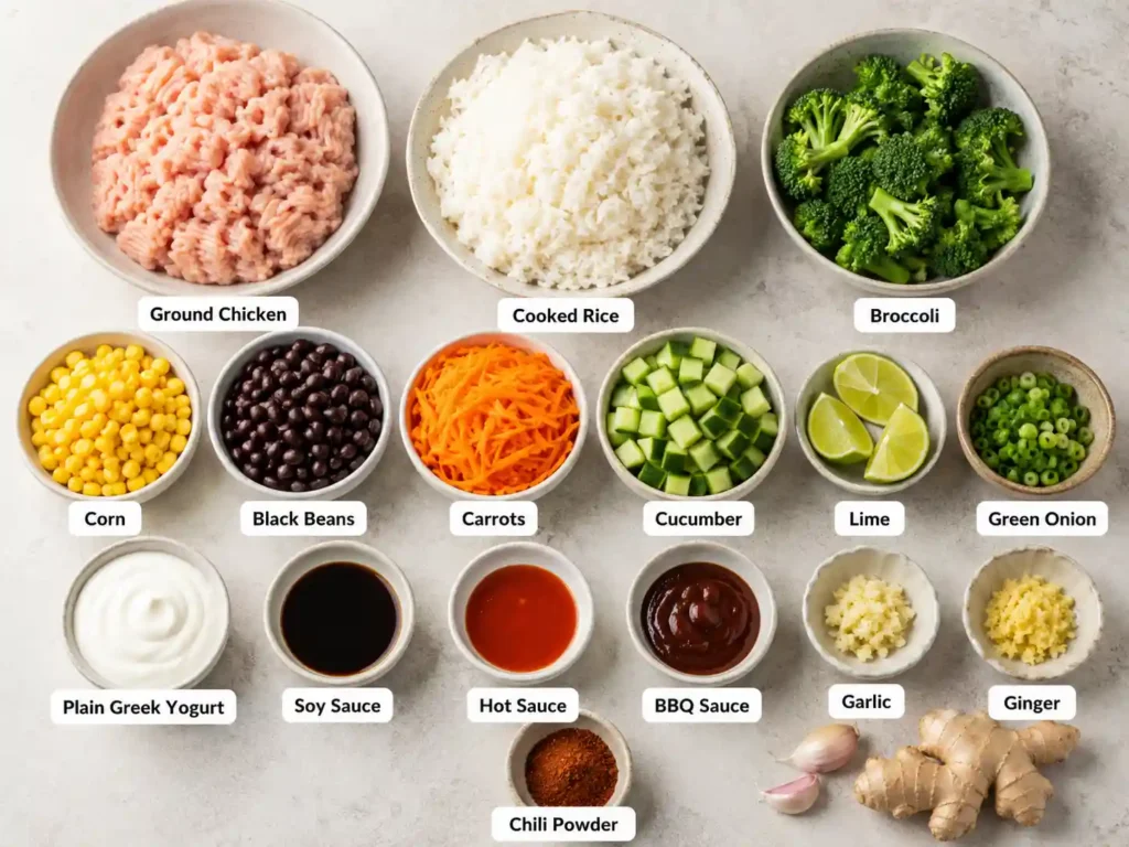 Labeled ingredients for ground chicken rice bowls including ground chicken, rice, vegetables, sauces, and toppings