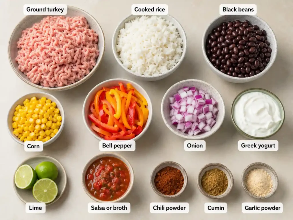Labeled ingredients for ground turkey bowls including ground turkey, rice, black beans, corn, bell pepper, onion, Greek yogurt, lime, salsa, and spices.