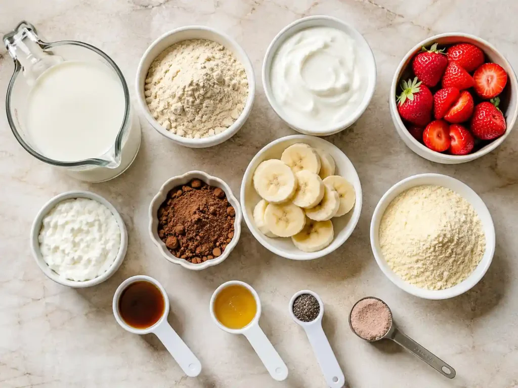 Ingredients for a Ninja Creami protein base including milk, protein powder, Greek yogurt, fruit, cocoa, and pudding mix.