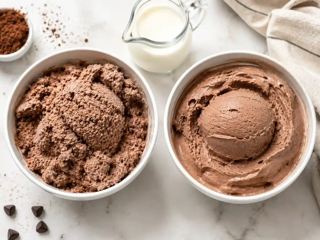 Ninja Creami protein ice cream before and after re-spinning, showing crumbly texture turning creamy.