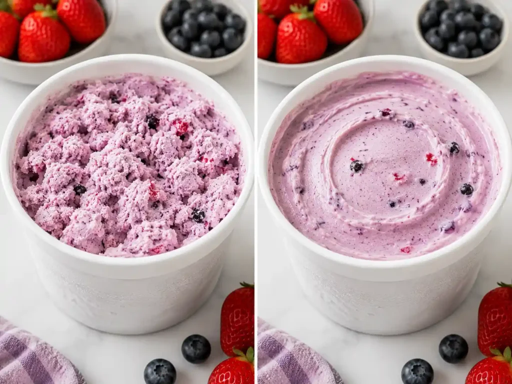 Before and after Ninja Creami protein pint showing crumbly texture before re-spin and creamy texture after adding milk