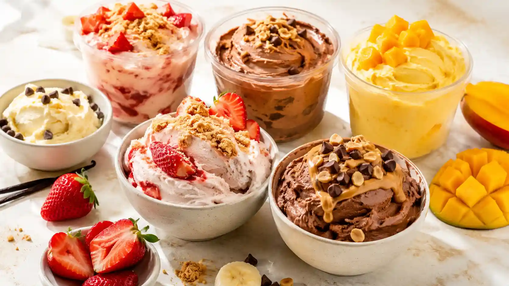 Creamy Ninja Creami protein ice cream pints with strawberry, chocolate, mango, and vanilla flavors on a bright summer table.