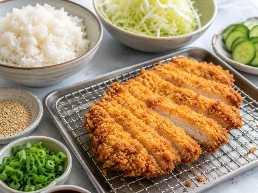 Crispy panko chicken katsu cooked without deep frying, shown on a wire rack with golden breading