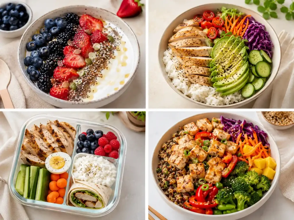 Pretty but practical high protein meal prep collage with colorful bowls, breakfast plates, lunch boxes, and protein dinners