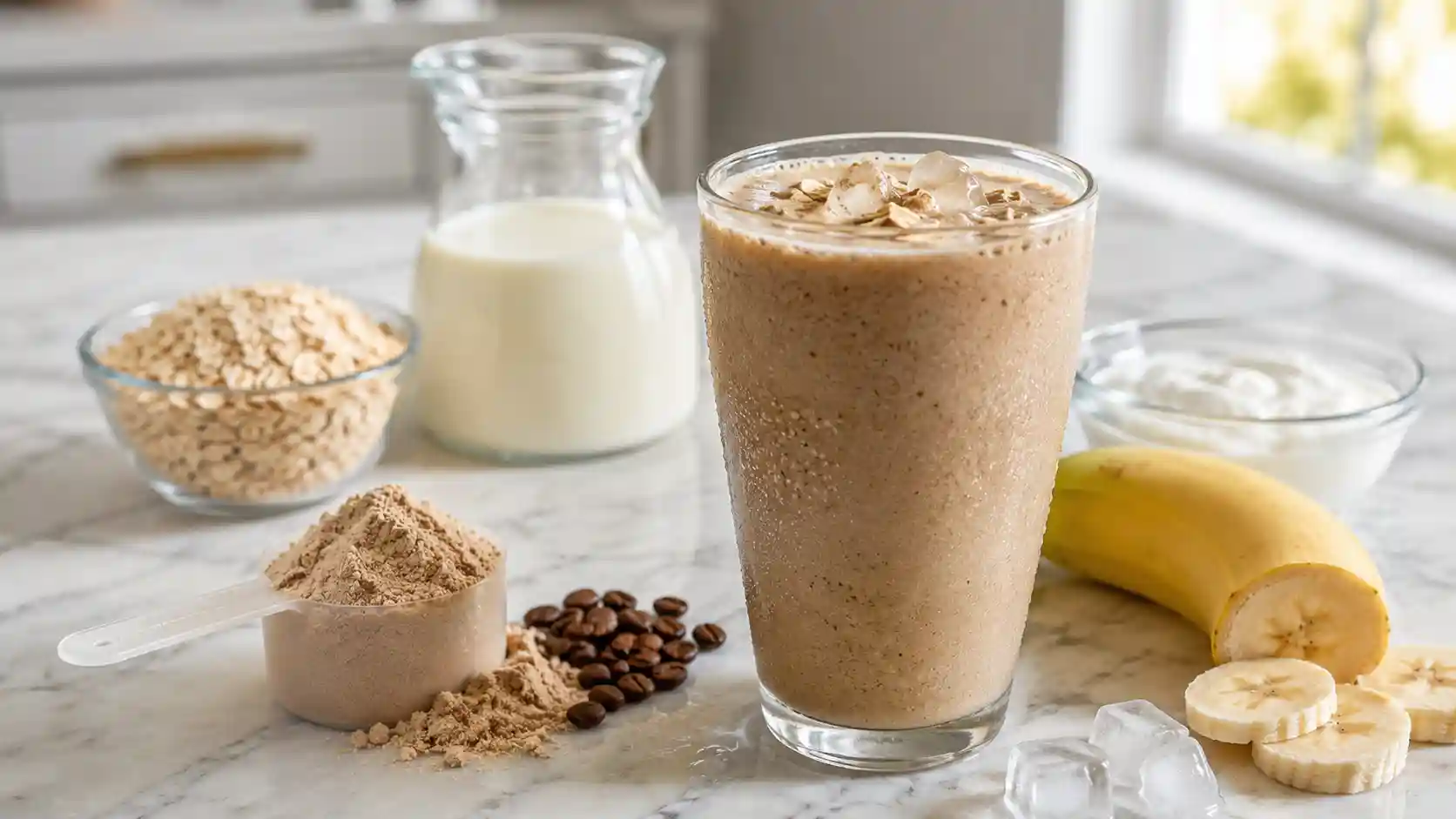 Protein coffee smoothie with cold coffee, protein powder, banana, Greek yogurt, milk, and ice