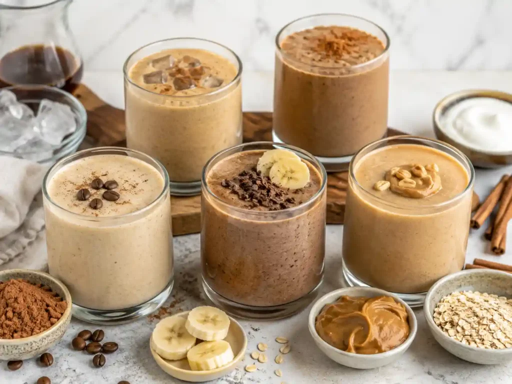 Protein coffee smoothie flavor ideas with vanilla, mocha, peanut butter, Greek yogurt cold brew, and decaf cinnamon smoothies