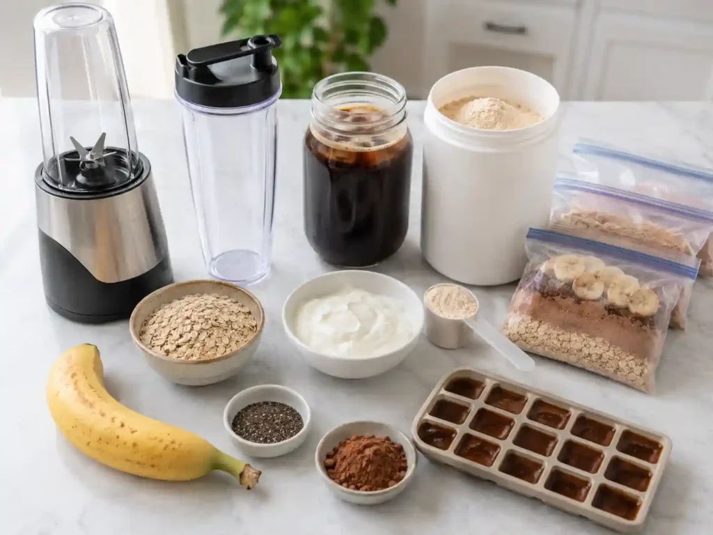 Protein coffee smoothie prep tools with personal blender, smoothie cup, freezer bags, ice cube tray, coffee, protein powder, banana, and Greek yogurt