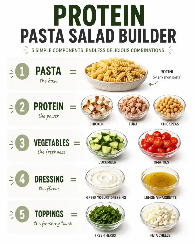 Protein pasta salad builder formula with pasta, protein, vegetables, dressing, and toppings
