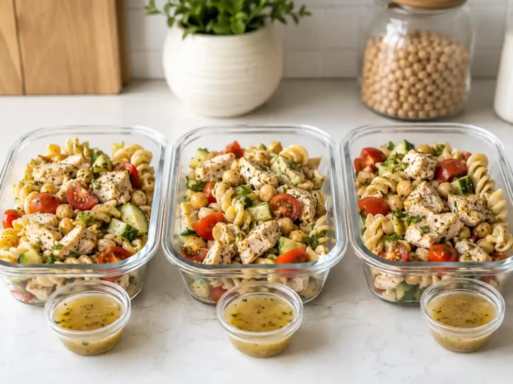 Meal prep containers filled with high-protein pasta salad and small dressing cups for easy lunches