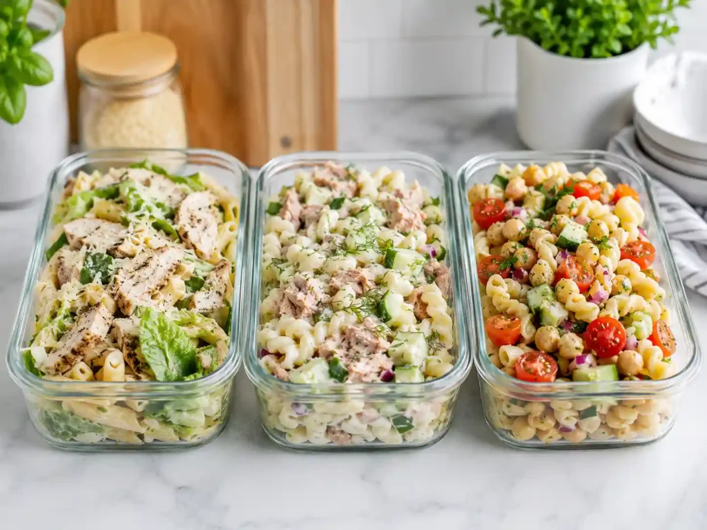 Three meal prep containers filled with different protein pasta salads using chicken, tuna, chickpeas, vegetables, and pasta