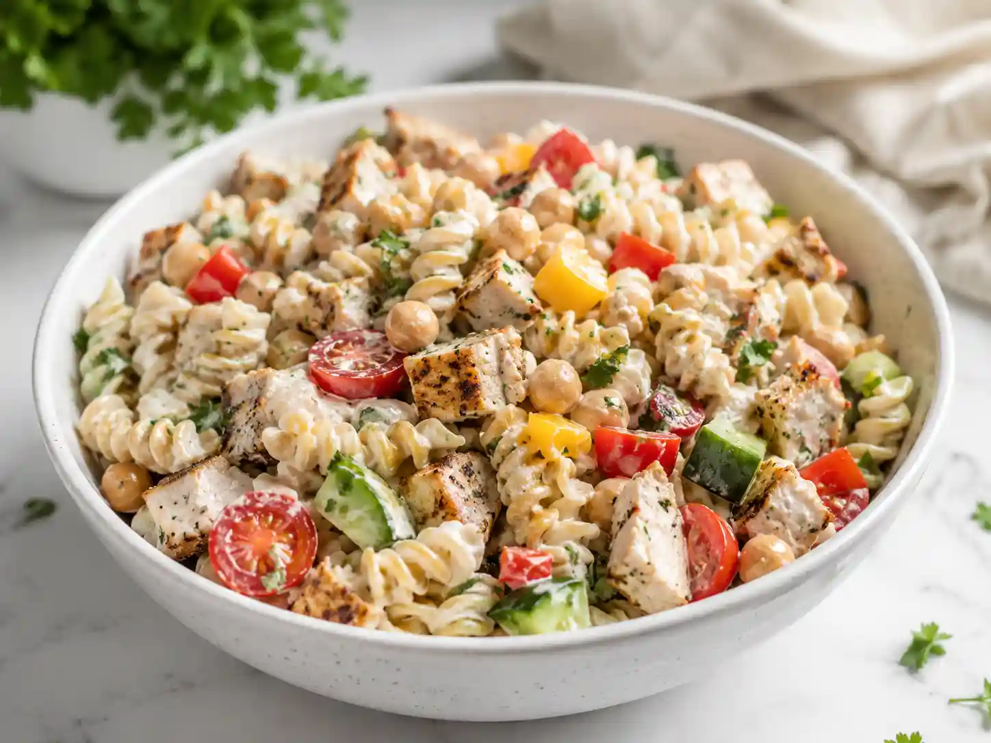 Colorful protein pasta salad with chicken, rotini, cucumbers, tomatoes, and creamy dressing in a white bowl