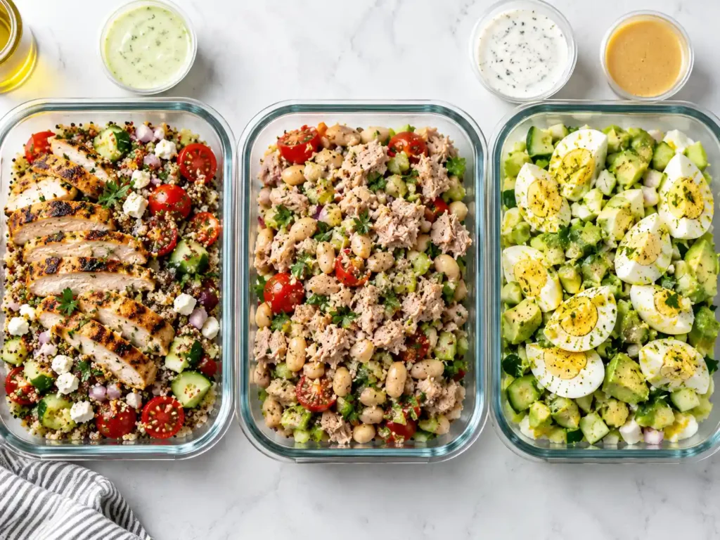 Meal prep containers filled with high protein salads, chicken, quinoa, beans, eggs, vegetables, and dressing cups