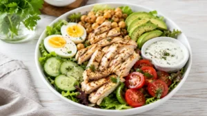 Colorful high protein salad bowl with chicken, eggs, beans, avocado, greens, and fresh vegetables