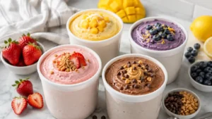 Refreshing high protein Ninja Creami pints with strawberry, mango, lemon blueberry, and chocolate peanut butter flavors