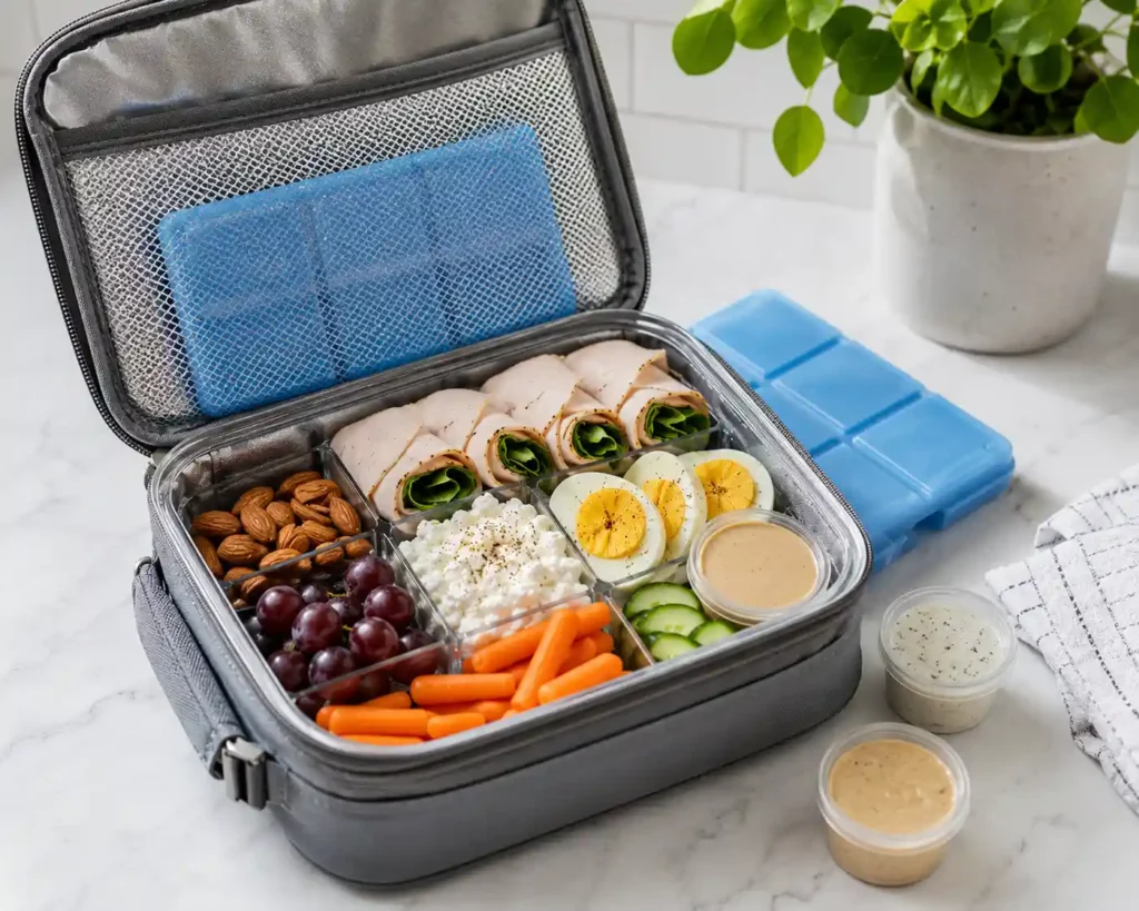 Insulated lunch bag with reusable ice packs, leak-proof containers, dressing cups, and cold protein lunch boxes