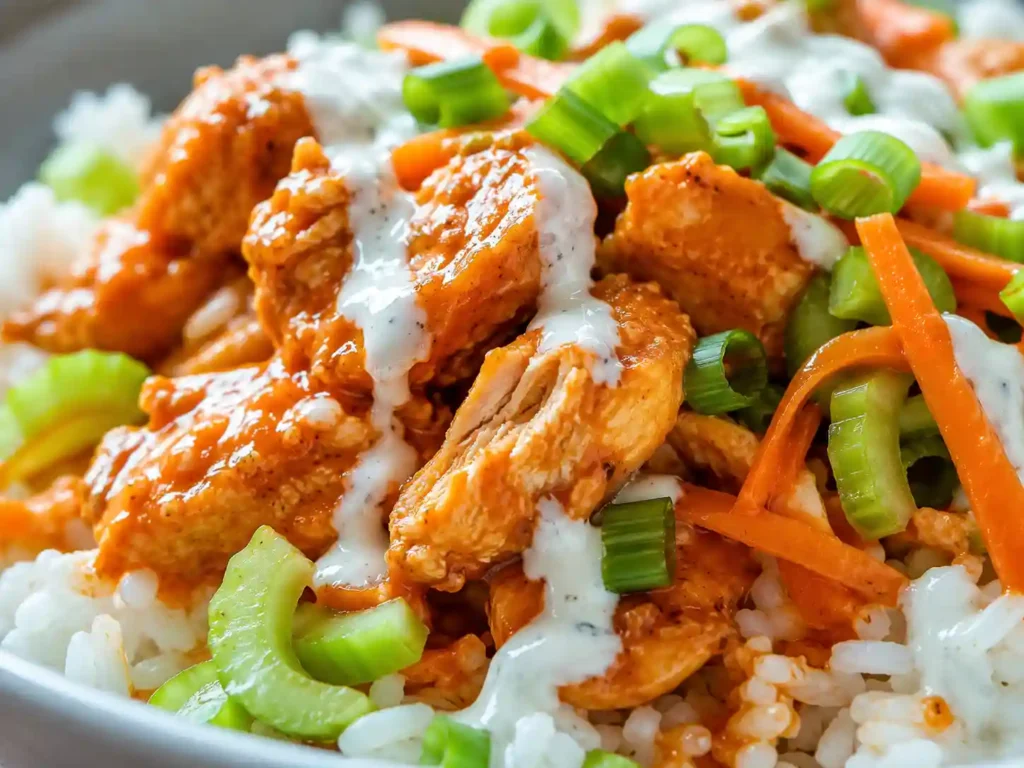 Close-up of saucy buffalo chicken over fluffy rice with crunchy vegetables and creamy drizzle.