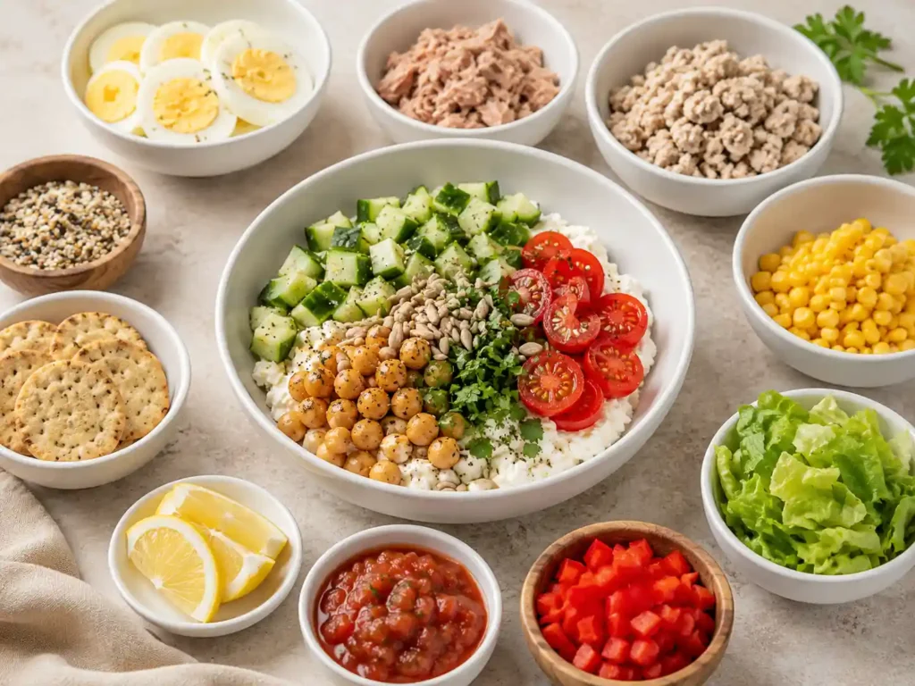 Cottage cheese bowl builder with a creamy base, vegetables, protein toppings, salsa, herbs, and crunchy seeds.