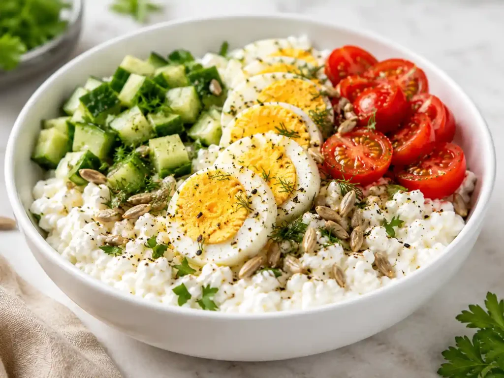 Close-up of a savory cottage cheese bowl with creamy cottage cheese, cucumber, tomato, herbs, egg, and crunchy seeds.