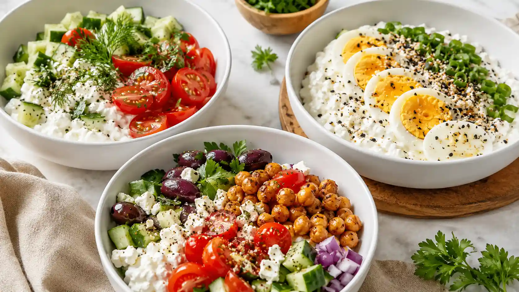 Savory cottage cheese bowls with cucumber, tomato, eggs, chickpeas, herbs, and crunchy toppings.