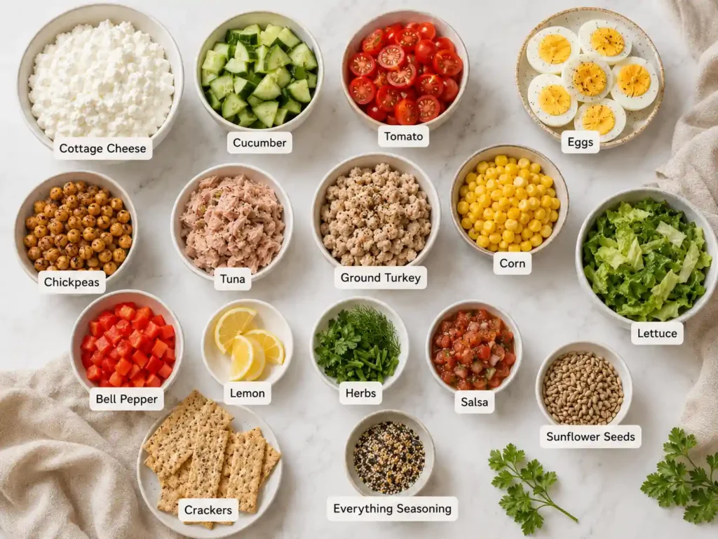 Labeled ingredients for savory cottage cheese bowls including cottage cheese, eggs, chickpeas, vegetables, herbs, salsa, and seeds.