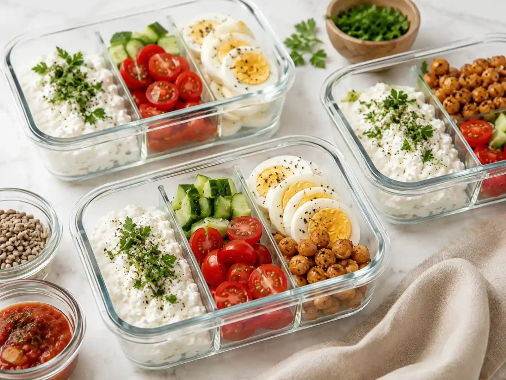 Meal prep containers with cottage cheese, vegetables, chickpeas, eggs, salsa, and crunchy toppings stored separately.