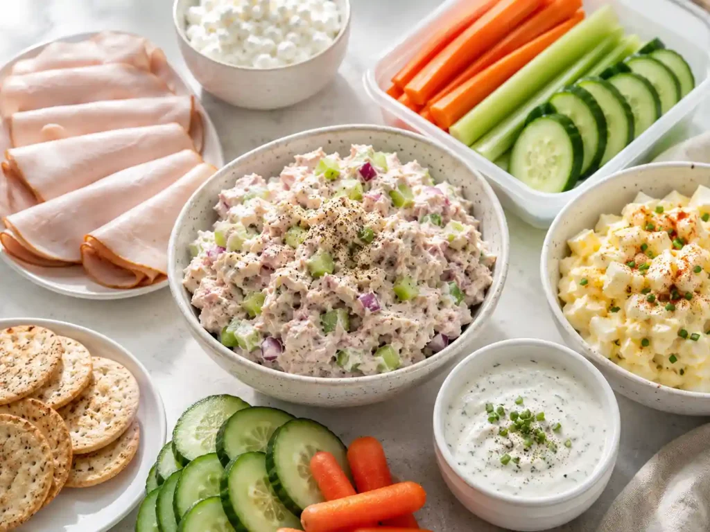 Savory cottage cheese lunch ideas with tuna salad, egg salad, and snack box