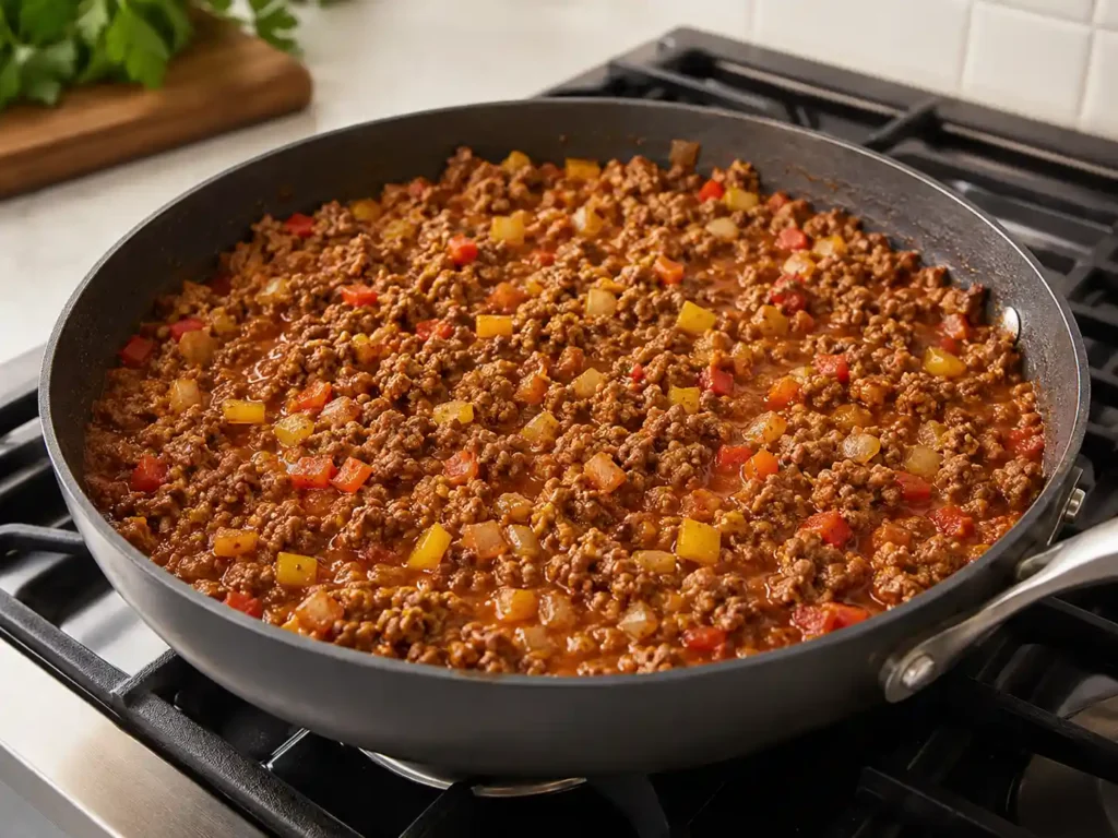 Seasoned ground beef cooking in a skillet with onion, bell pepper, garlic, taco seasoning, tomato paste, and a little broth.