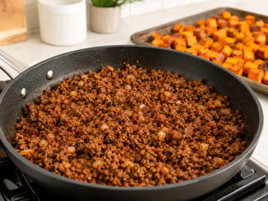 Seasoned ground beef cooking in a skillet with onion, garlic, tomato paste, and spices for beef and sweet potato bowls.