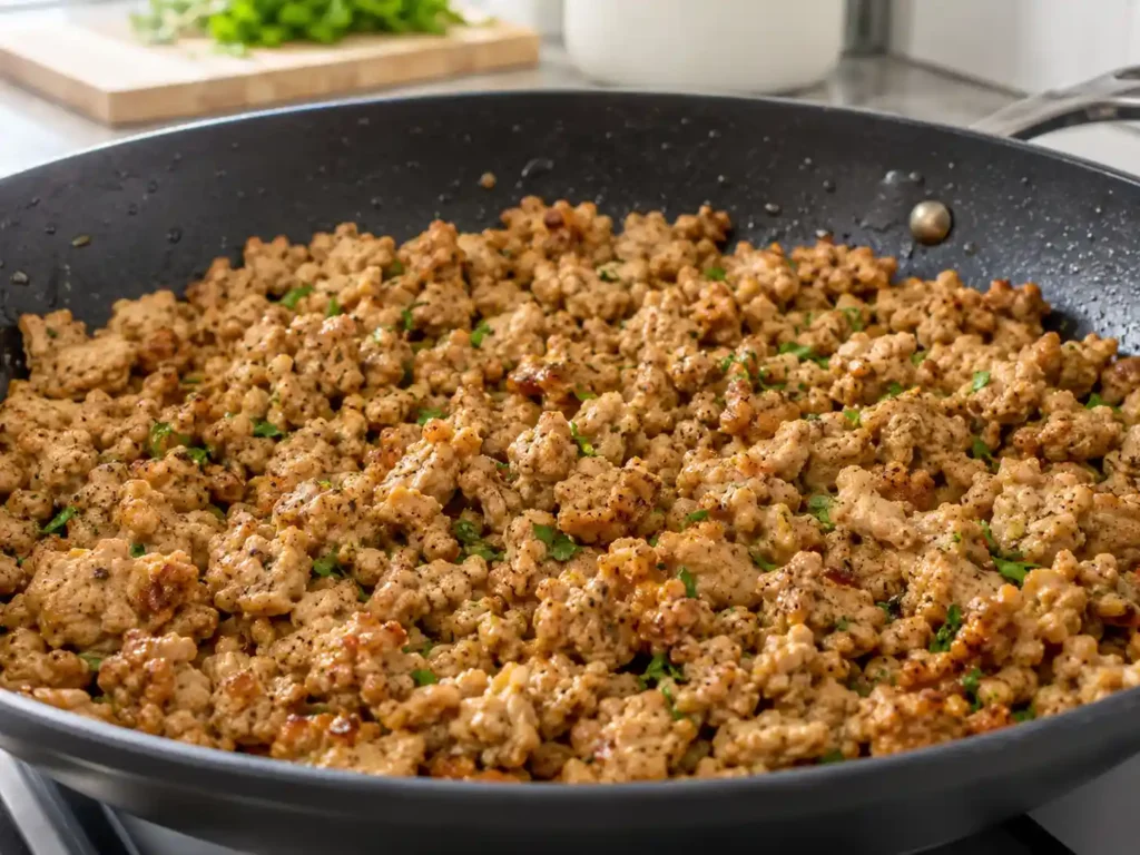 Close-up of seasoned ground turkey cooked in a skillet for turkey burger bowls.
