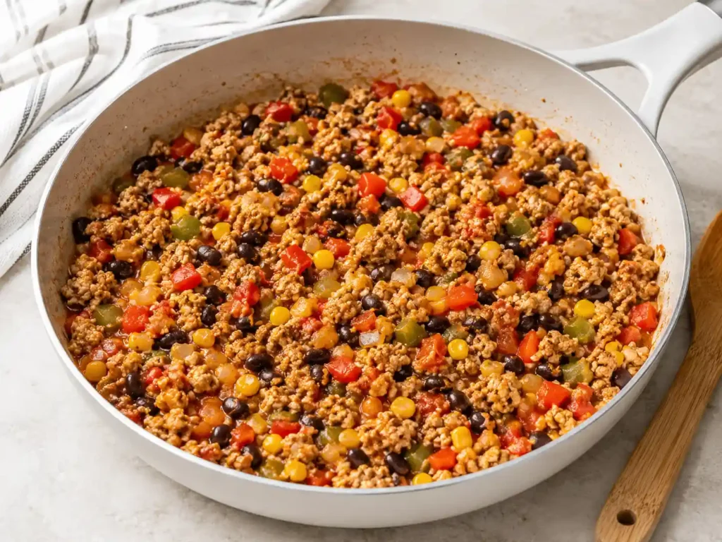 Seasoned ground turkey cooking in a skillet with corn, bell peppers, onion, and black beans.