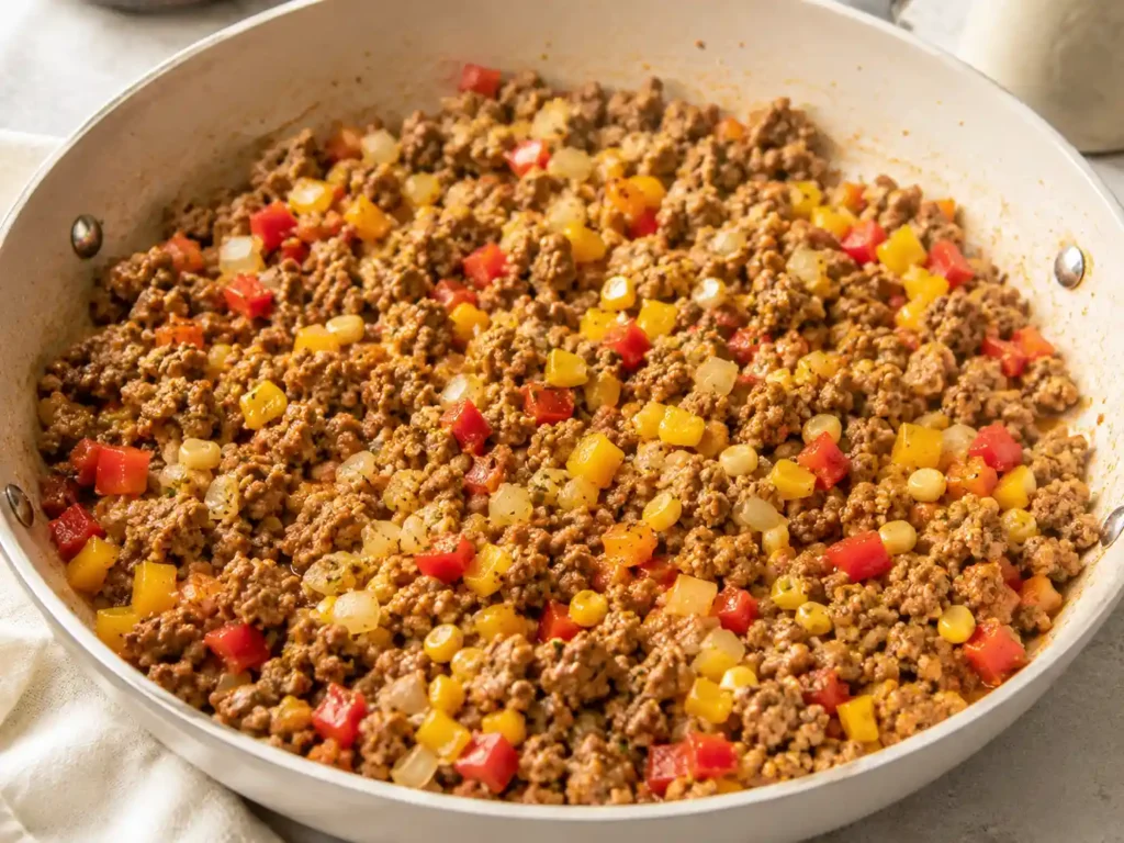 Seasoned ground turkey cooking in a skillet with bell peppers, onions, and corn