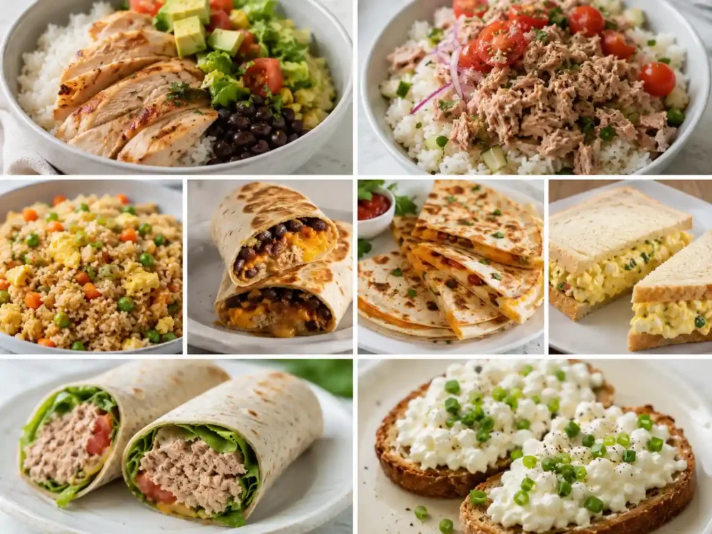 High protein lunch ideas collage with bowls, wraps, sandwiches, tuna rice bowl, chicken quesadilla, and egg fried rice