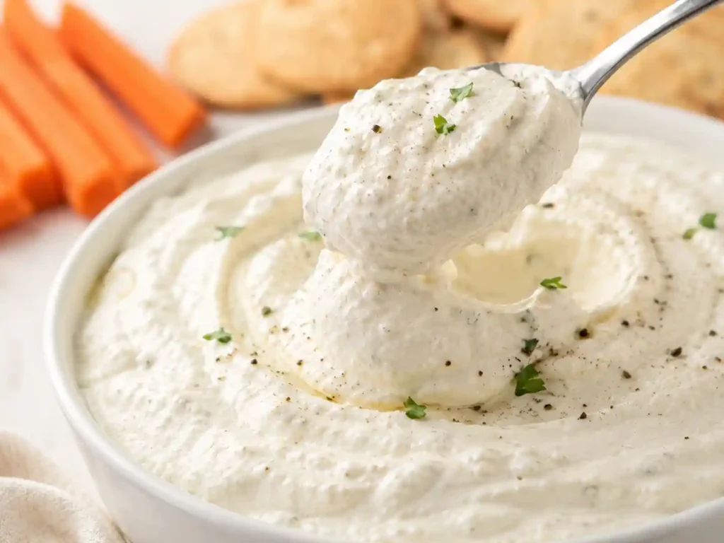 Close-up of smooth whipped cottage cheese protein dip with a creamy texture on a spoon.