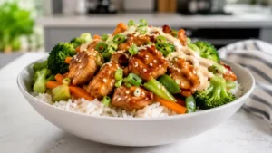 Sticky chicken rice bowl with glossy chicken, fluffy rice, broccoli, carrots, green onions, and sesame seeds.
