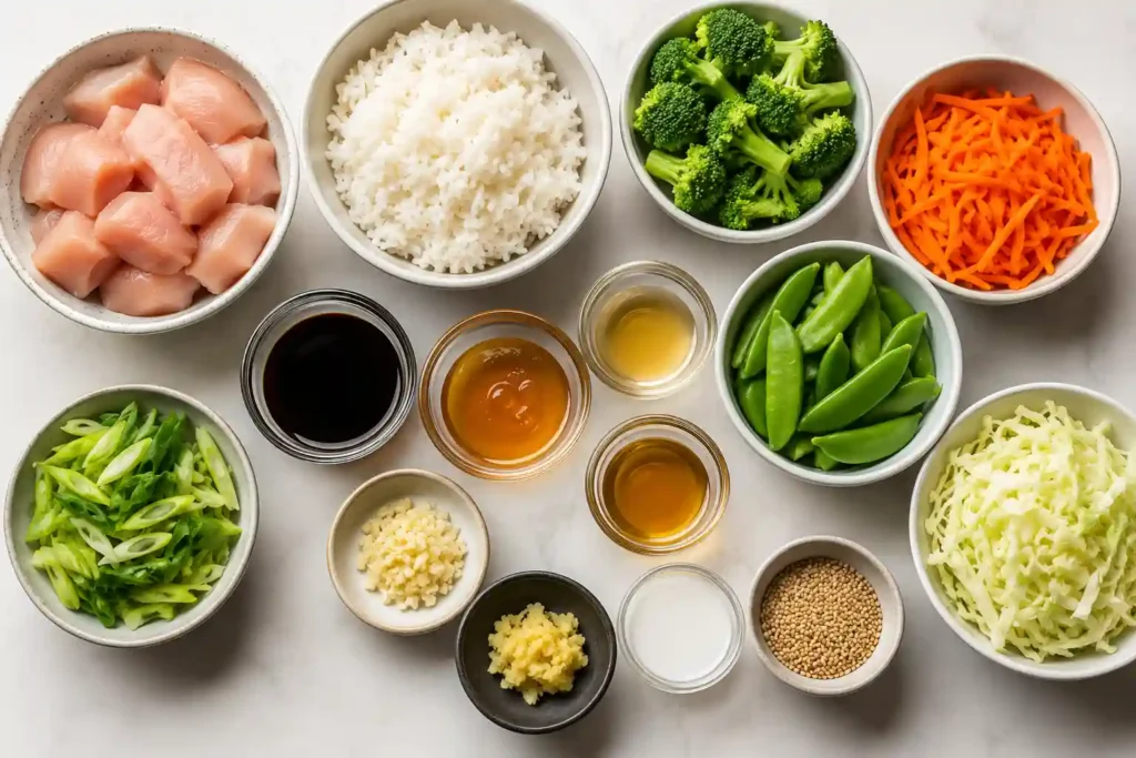 Ingredients for sticky chicken rice bowls including chicken, rice, soy sauce, honey, rice vinegar, garlic, ginger, broccoli, carrots, and green onions.