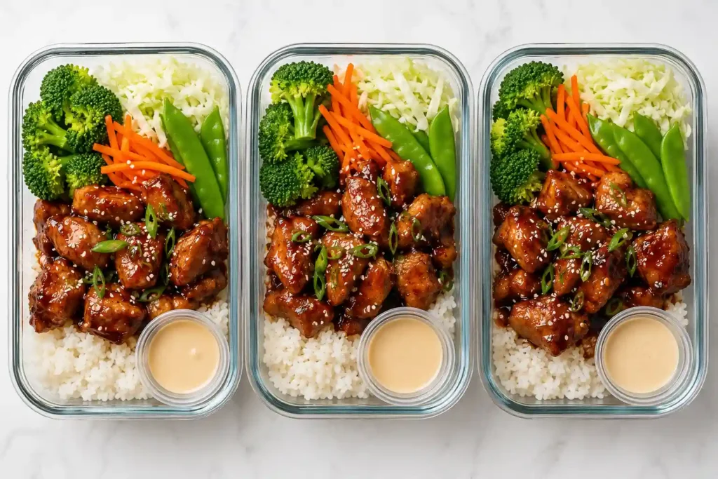 Meal prep containers with sticky chicken, rice, broccoli, carrots, green onions, sesame seeds, and separate drizzle cups.
