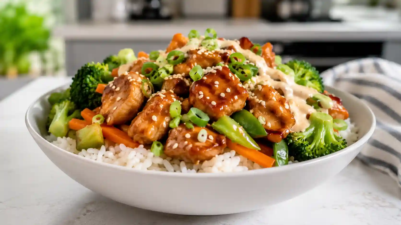 Sticky chicken rice bowl with glossy chicken, fluffy rice, broccoli, carrots, green onions, and sesame seeds.