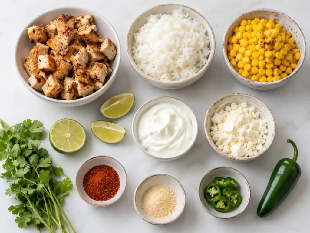 Ingredients for high protein street corn chicken bowl including chicken, rice, corn, Greek yogurt, lime, chili spices, cheese, and cilantro