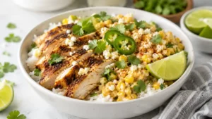 Street corn chicken rice bowl with seasoned chicken, rice, creamy corn topping, lime, cilantro, and jalapeño