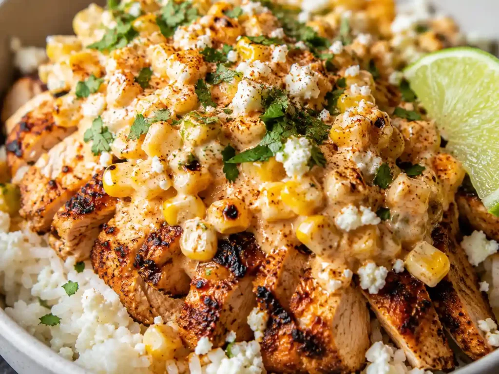 Close-up of creamy street corn chicken rice bowl with rice, sliced chicken, corn, lime, chili seasoning, cheese, and cilantro