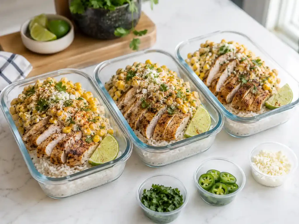 Meal prep containers filled with street corn chicken rice bowls and separate toppings