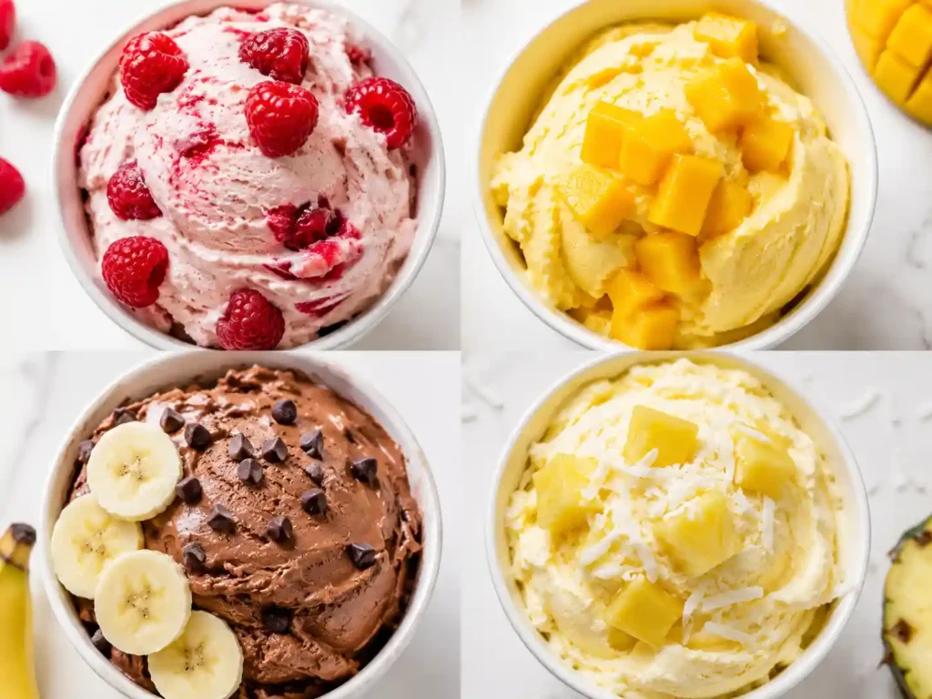 Four summer Ninja Creami protein dessert flavors including raspberry vanilla, mango, chocolate banana, and pineapple coconut.