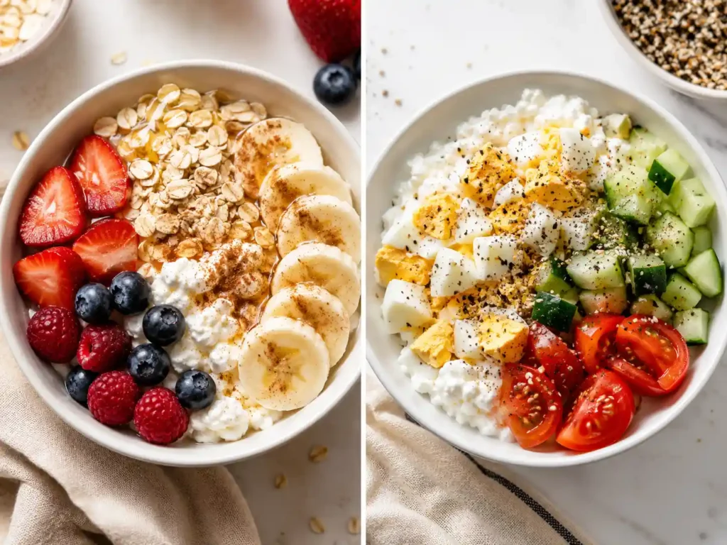 Two cottage cheese breakfast bowls, one sweet with fruit and oats and one savory with egg, cucumber, and tomato.