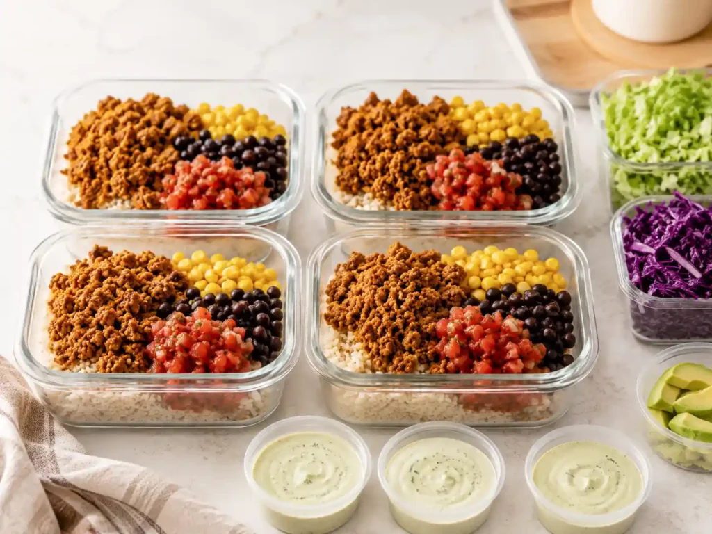 Taco bowl meal prep containers with rice, taco-seasoned protein, beans, corn, salsa, and separate fresh toppings and sauce.