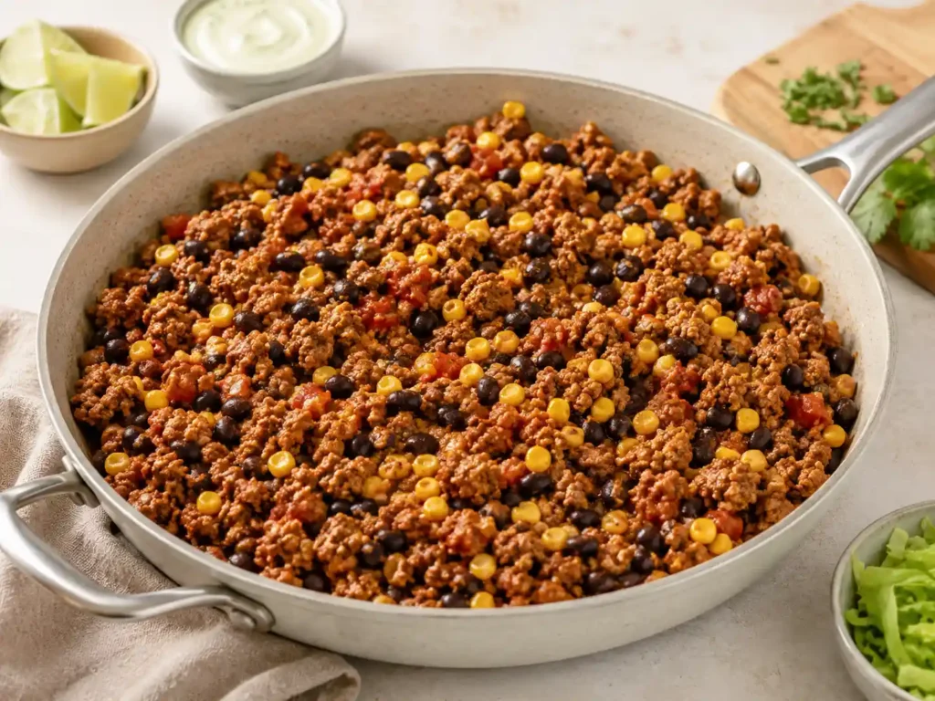 Taco-seasoned ground turkey with black beans, corn, and salsa cooking in a skillet for high protein taco bowls.